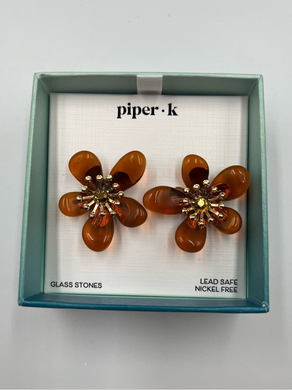 Piper K Translucent Amber Glass Flower
Statement Stud Earrings Brown NIB